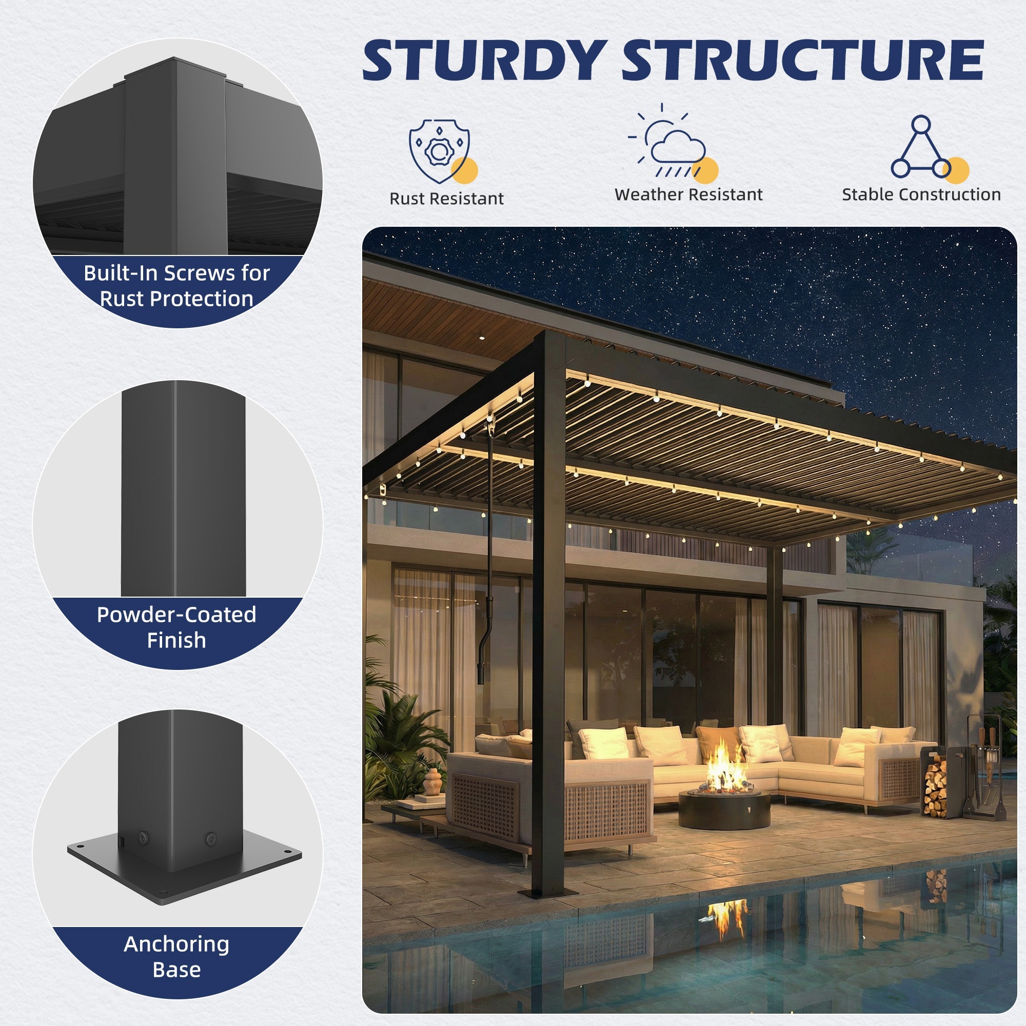 HOMREST 10' x 12' Outdoor Pergola with Adjustable Louvered Roof & Integrated Drainage, Heavy-Duty Metal Louvered Pergola for Patios, Black