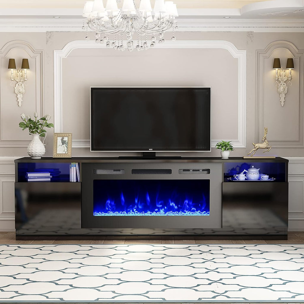 70 Inch Black Entertainment Center with Fireplace - homrest