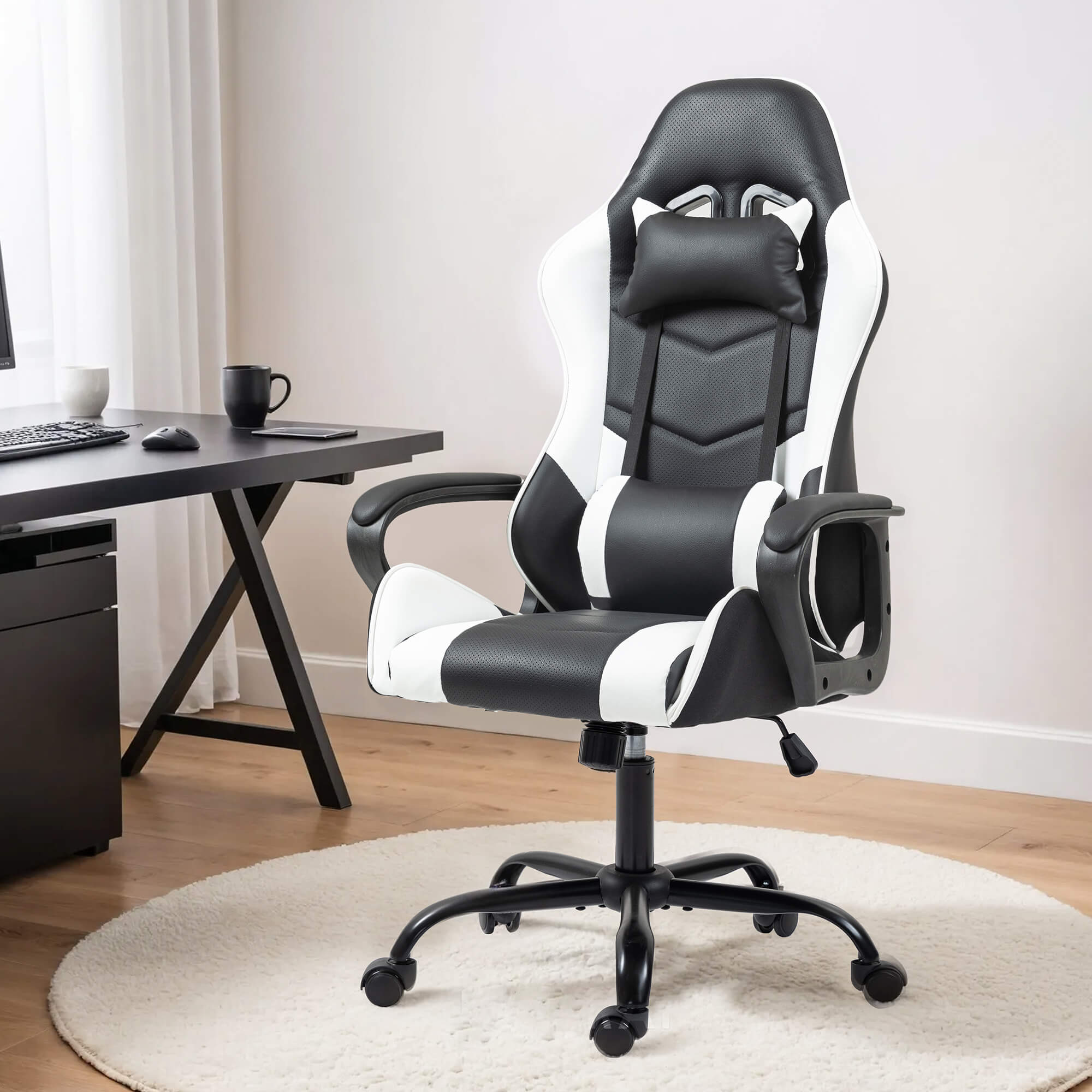 HOMREST Gaming Chair, Ergonomic Computer Gamer Chair with Massage Lumbar Support & Rocking High Back, Height Adjustable, White