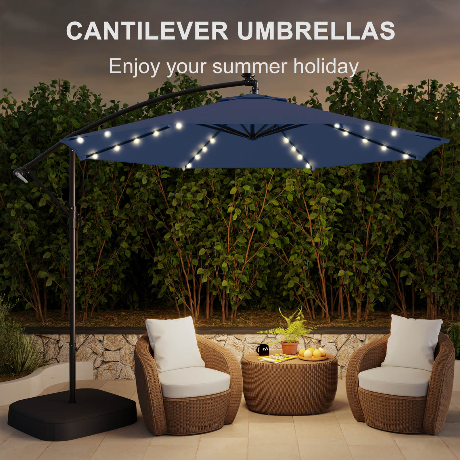 Homrest 10ft Solar Lighted Patio Umbrella with Base, Outdoor Cantilever Umbrella, Infinite Tilt, Navy Blue