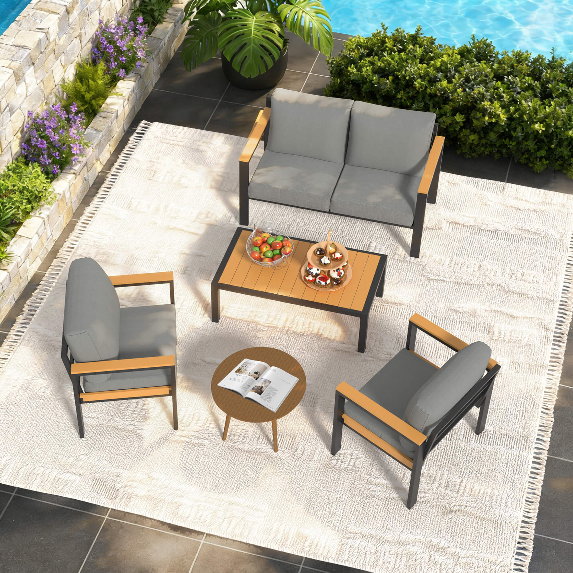 HOMREST 4 Piece Patio Furniture Set, Metal Patio Conversation Set with Coffee Table, All-Weather Outdoor Furniture, Gray