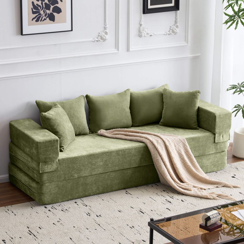 HOMREST 4-in-1 Folding Sofa Bed Queen, Chenille Sleeper Couch with Armrest & Pillows, Green