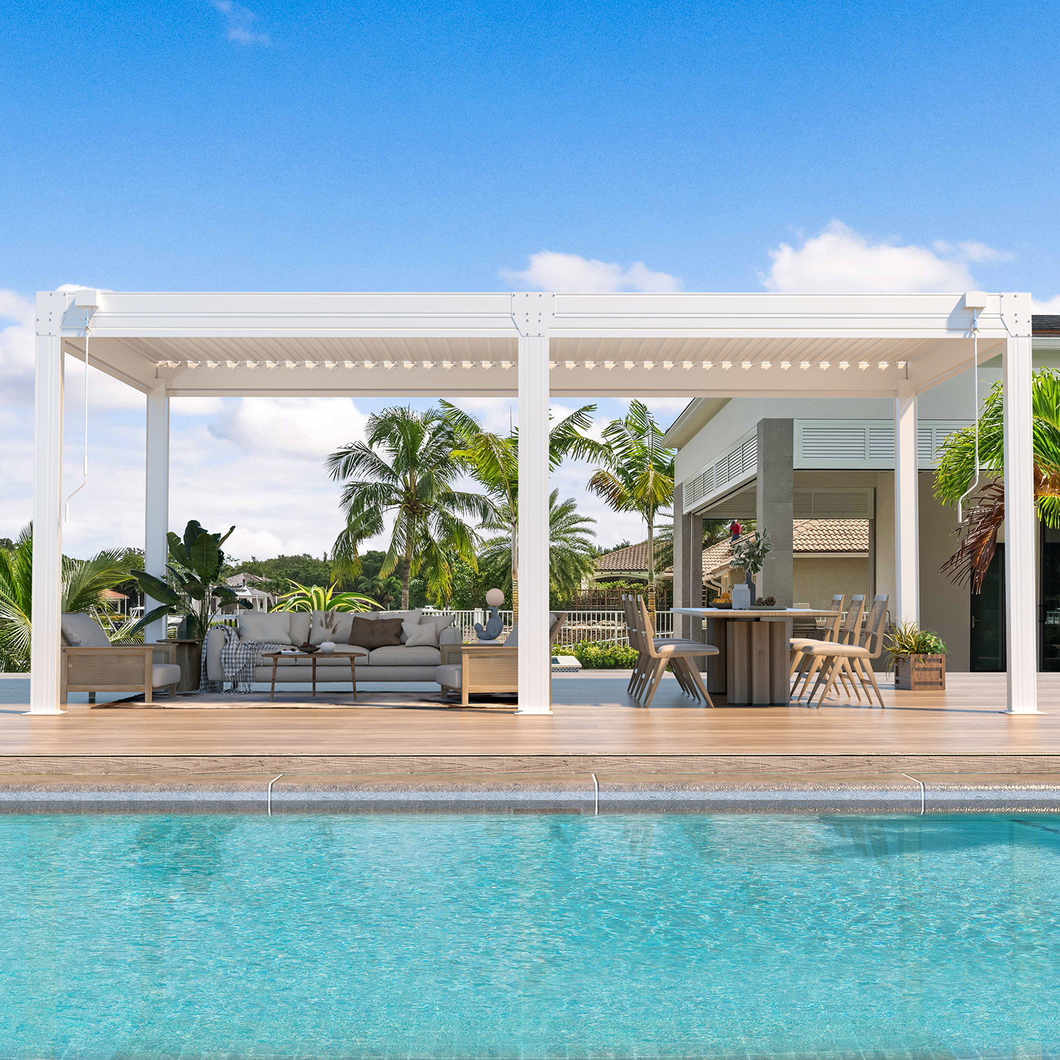 HOMREST 10x20FT Louvered Pergola with 6-Panel Pull-Down Screen, White