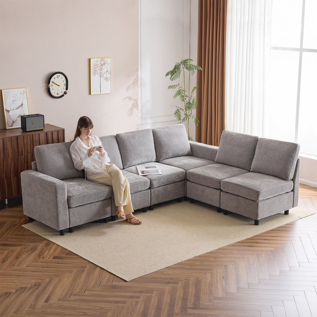 homrest 6 - Piece Modular Sectional Couch, Modular Couches and Sofas Sectional with Storage for Living Room, armrests, 6 single seats, Light Grey