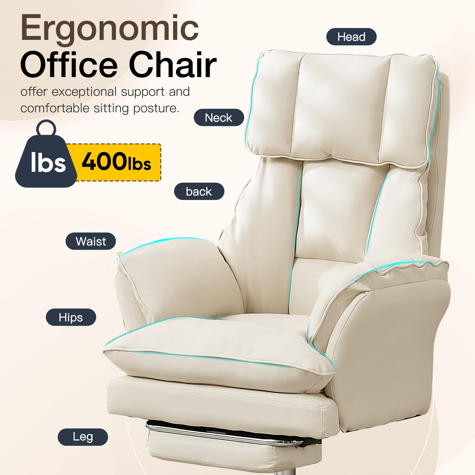 HOMREST Cloud Cross Legged Office Chair with Footrest,Leather Big and Tall Executive Ergonomic Chair,155° Reclining Computer Wide Desk Chair, Beige