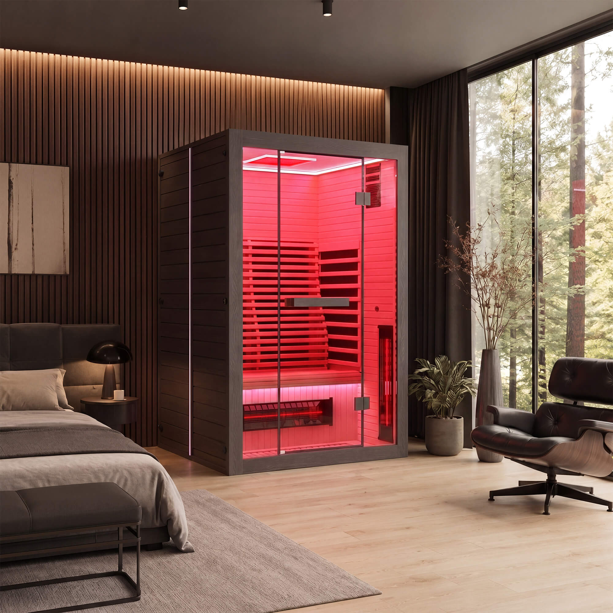 HOMREST 2 Person Infrared Sauna with Red Light Therapy, 360° Fast Heating, 7-Color LED & Bluetooth, Adjustable Seat, Black