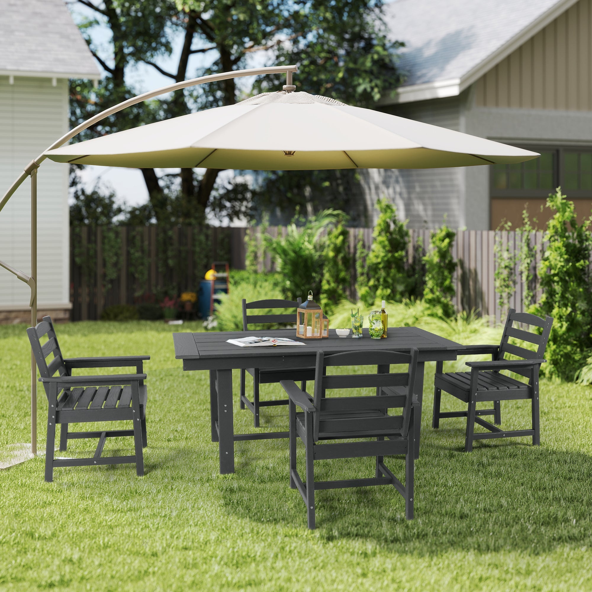 HOMREST HDPE Outdoor Patio Dining Table With Umbrella Hole, Black