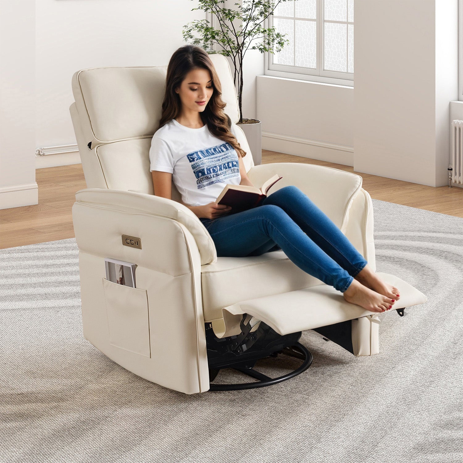 HOMREST Power Swivel Rocking Recliner Chair with Adjustable Headrest and Armrests, Beige