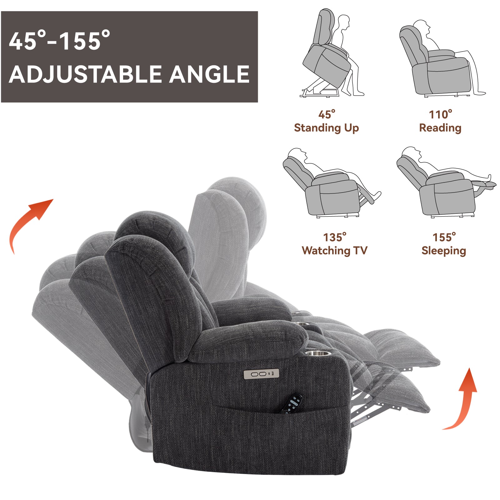 Homrest Premium Electric Recliner Chair with 8-Point Massage & Heating, Plush Chenille Fabric, Dark Gray