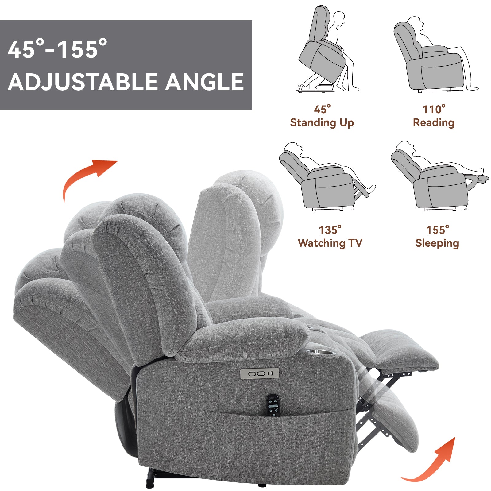 Homrest Premium Electric Recliner Chair with 8-Point Massage & Heating, Plush Chenille Fabric, Gray