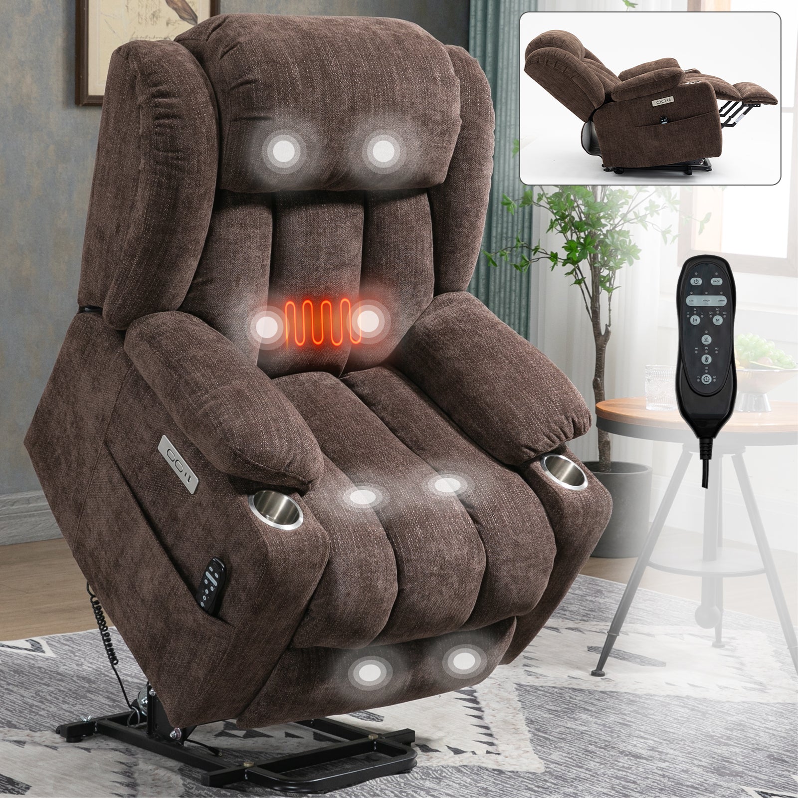 Homrest Premium Electric Recliner Chair with 8-Point Massage & Heating, Plush Chenille Fabric, Dark Brown