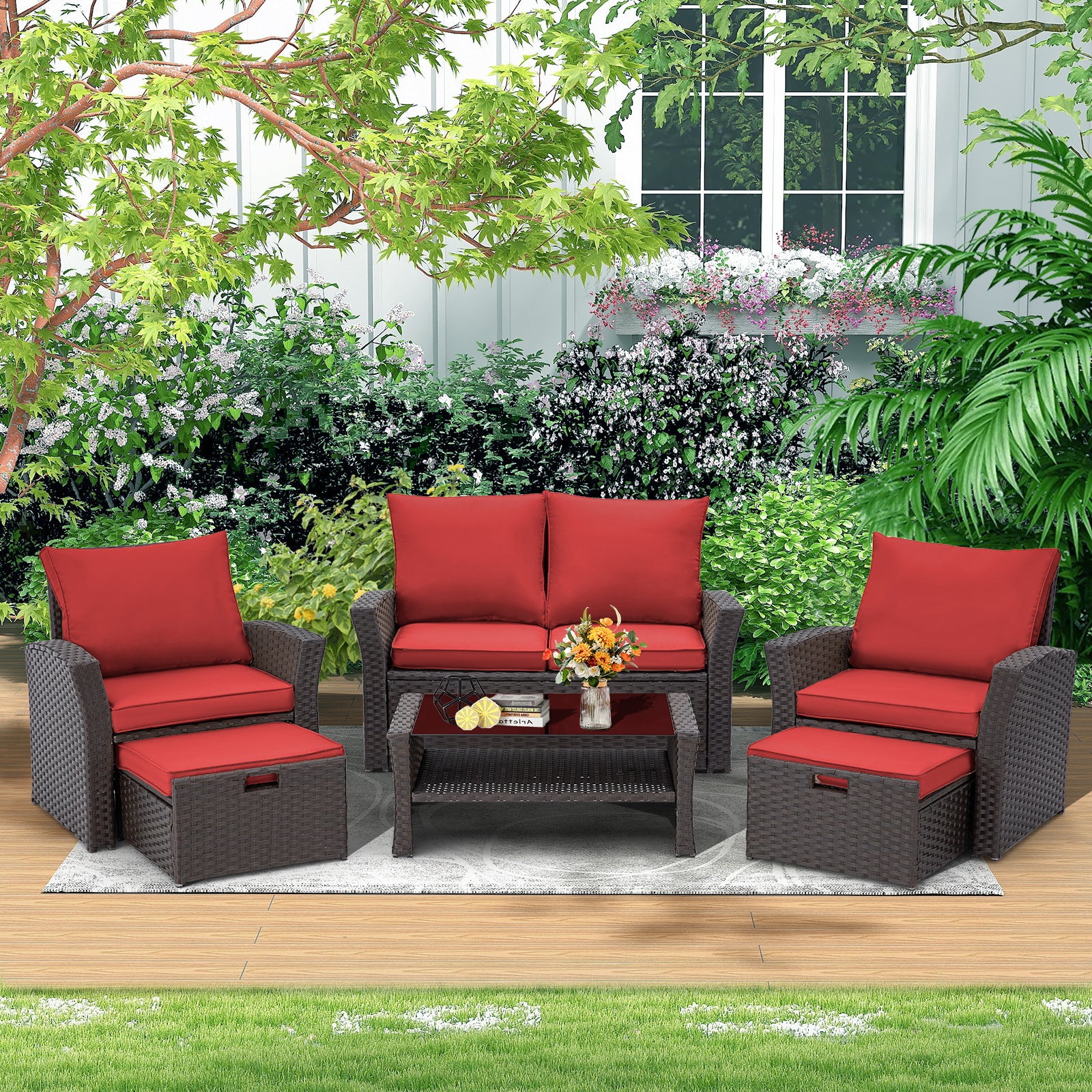 Homrest 6 Pcs Patio Furniture Set with Ottoman and Storage Table, Wine Red