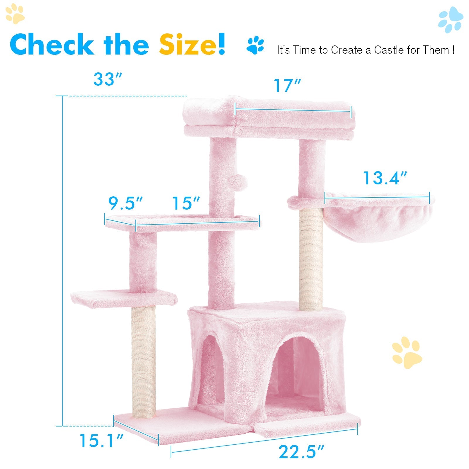 HOMREST 33 inches Multi-Level Cat Tree Cat Tower for Indoor Cats, Cat Condo with Scratching Post, Pink