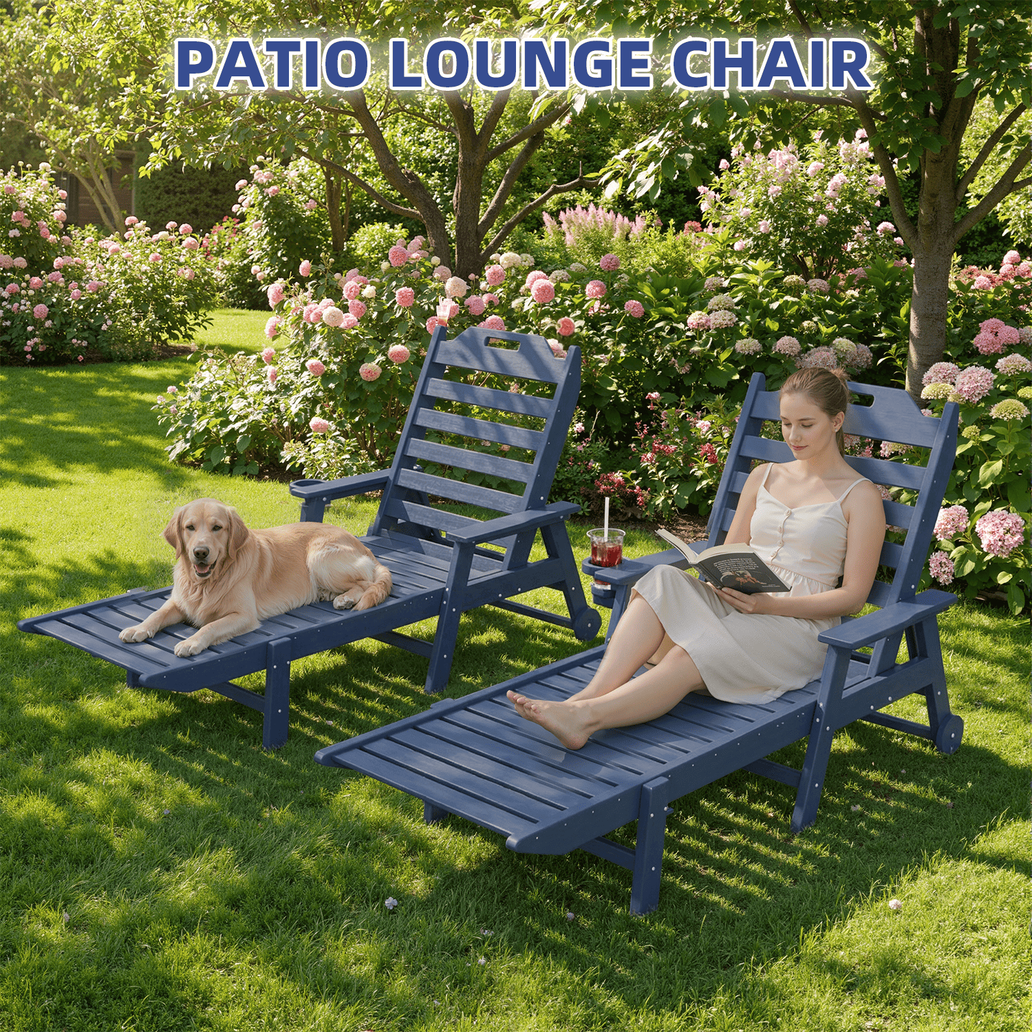 HOMREST 22" W Oversized Chaise Lounge Chairs, Adjustable HDPE Outdoor Chairs with Wheels & Cup Holder, Navy Blue