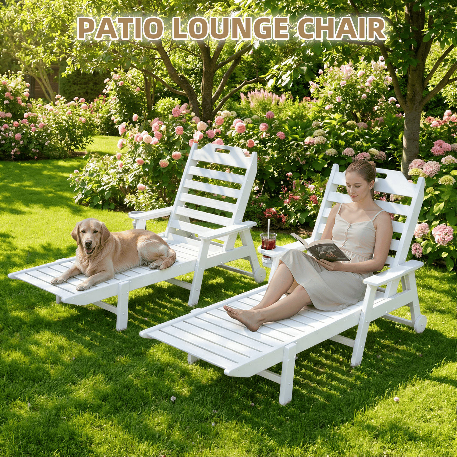 HOMREST 22" W Oversized Chaise Lounge Chairs, Adjustable HDPE Outdoor Chairs with Wheels & Cup Holder, White