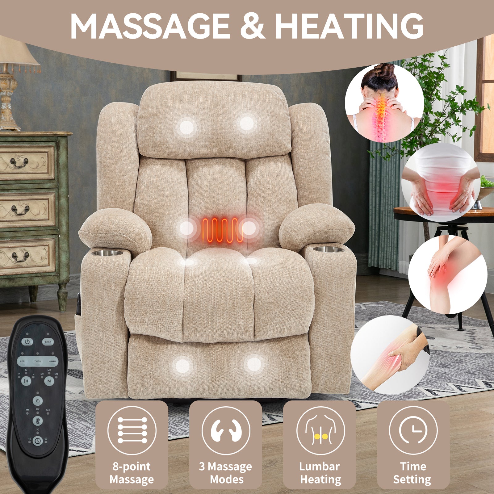 Homrest Premium Electric Recliner Chair with 8-Point Massage & Heating, Plush Chenille Fabric, Brown