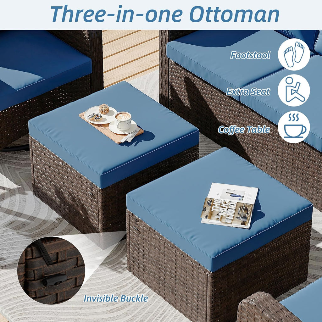 HOMREST 2 Piece Outdoor Patio Ottoman, Rattan Wicker Footstool with Cushion, Invisible Buckle, Multi-Functional Seat or Coffee Table, Navy