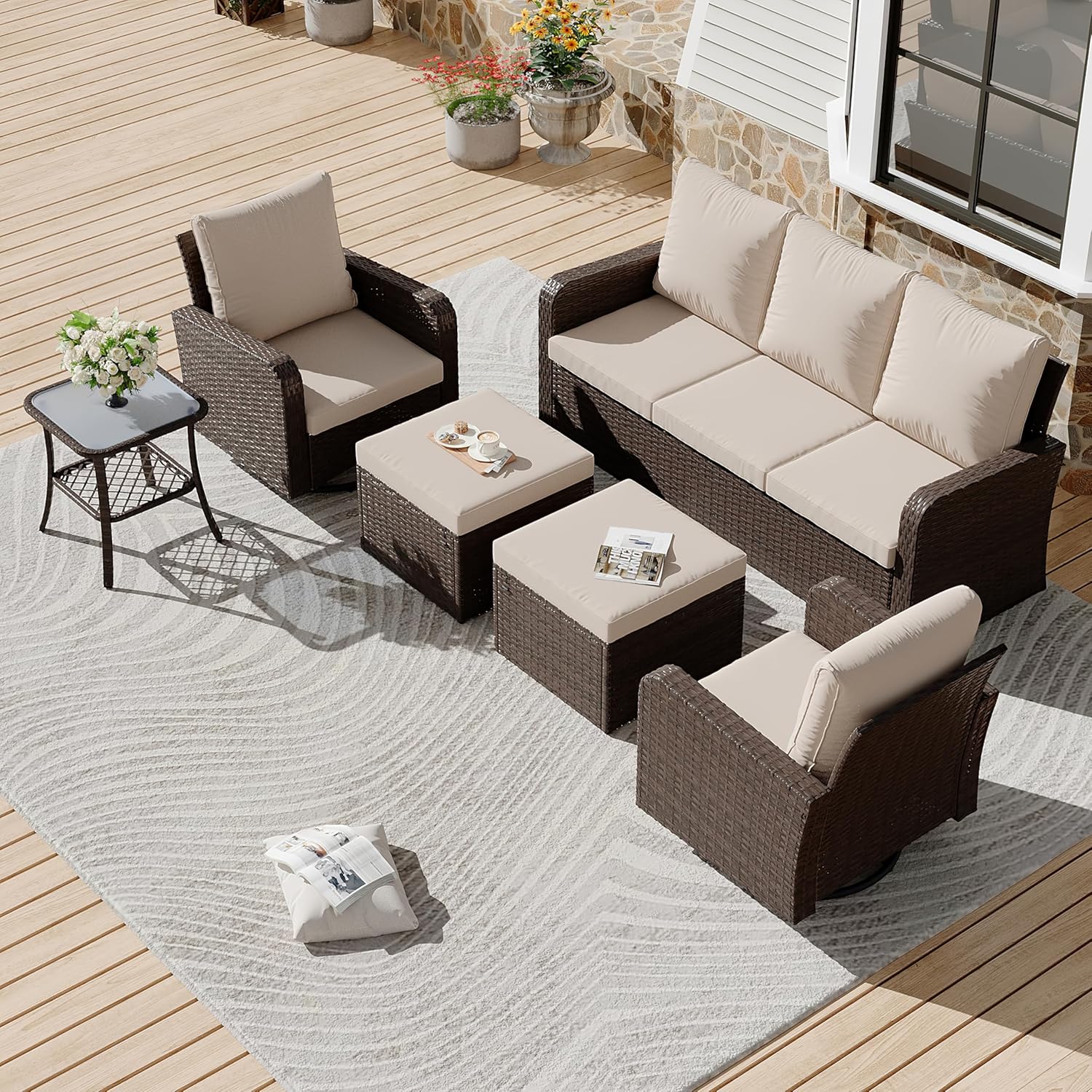 HOMREST 2 Piece Outdoor Patio Ottoman, Rattan Wicker Footstool with Cushion, Invisible Buckle, Multi-Functional Seat or Coffee Table, Khaki