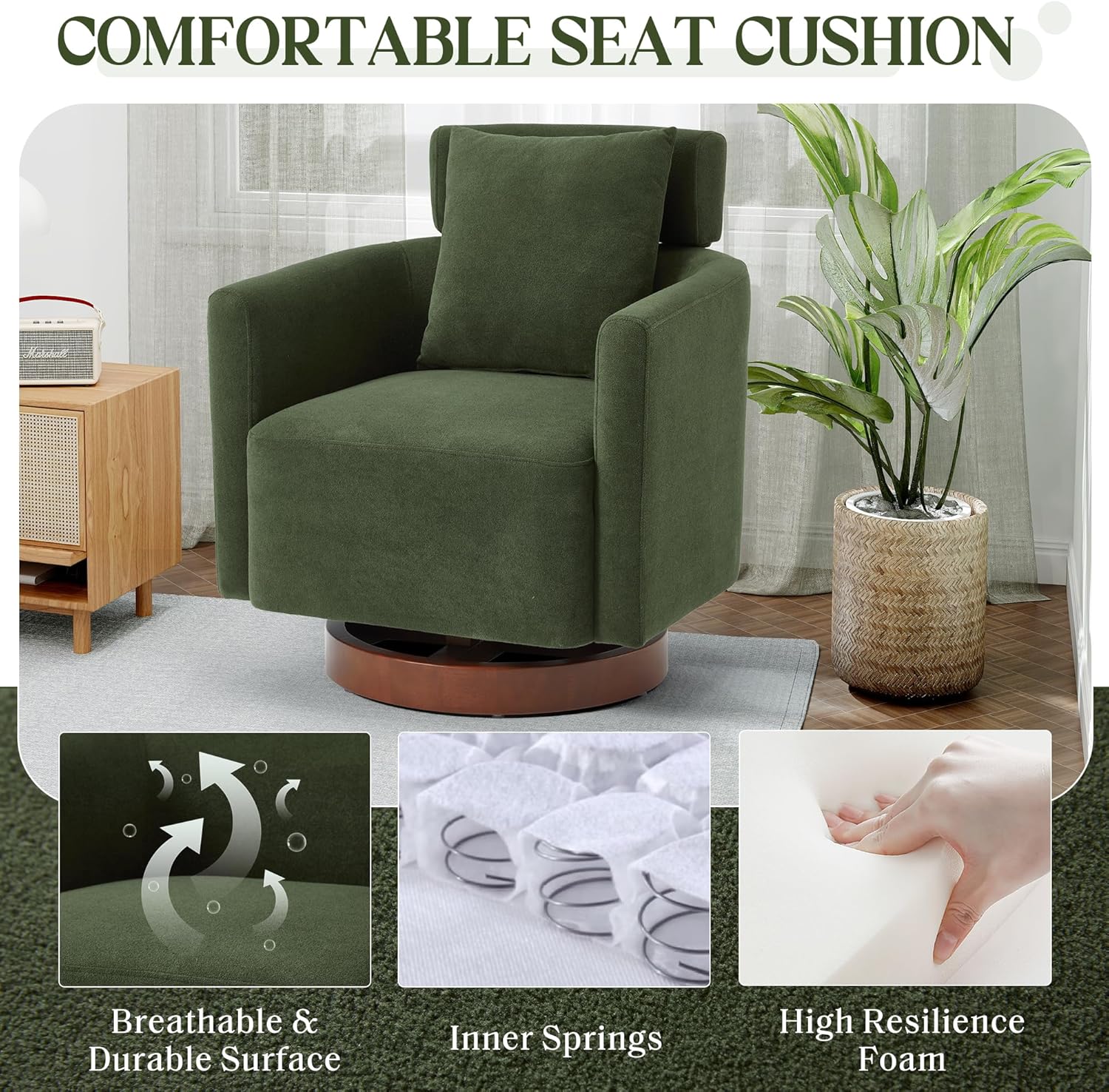 Homrest Swivel Accent Chair Armchair with Adjustment Headrest, 360° Rotation. Green