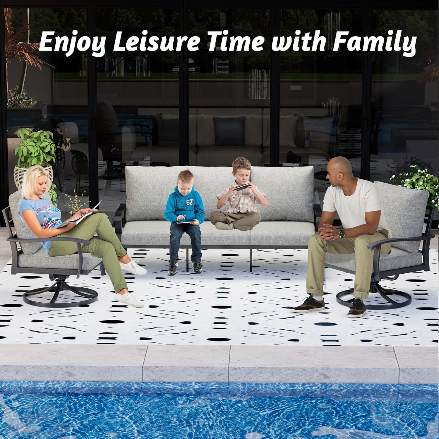 HOMREST 5 Pcs Outdoor Swivel Rocker Patio Chairs with Ottomans and Coffee Table, Gray