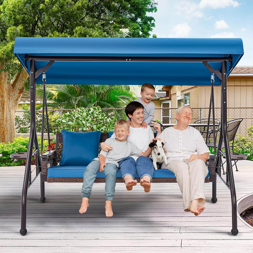 3 Person Outdoor Wicker Porch Swing with Adjustable Canopy Back Yard B