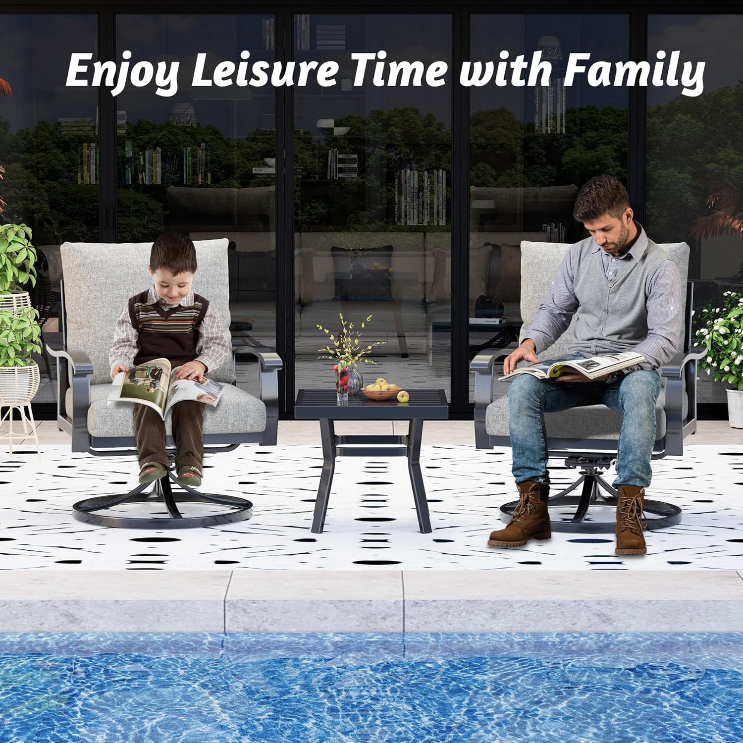 HOMREST Outdoor Swivel Rocker Patio Chairs with Coffee Table, 3 PCS Bistro Set, Gray