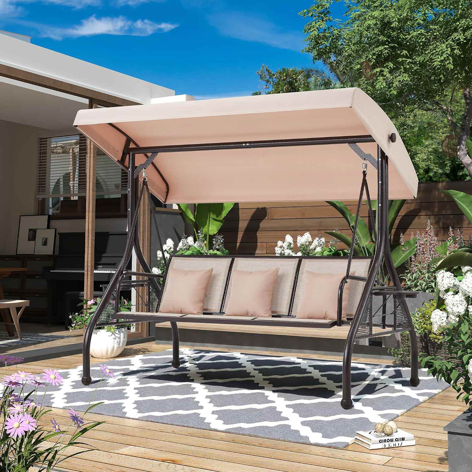 Homrest Outdoor Porch Swing with Adjustable Canopy and Backrest, Khaki
