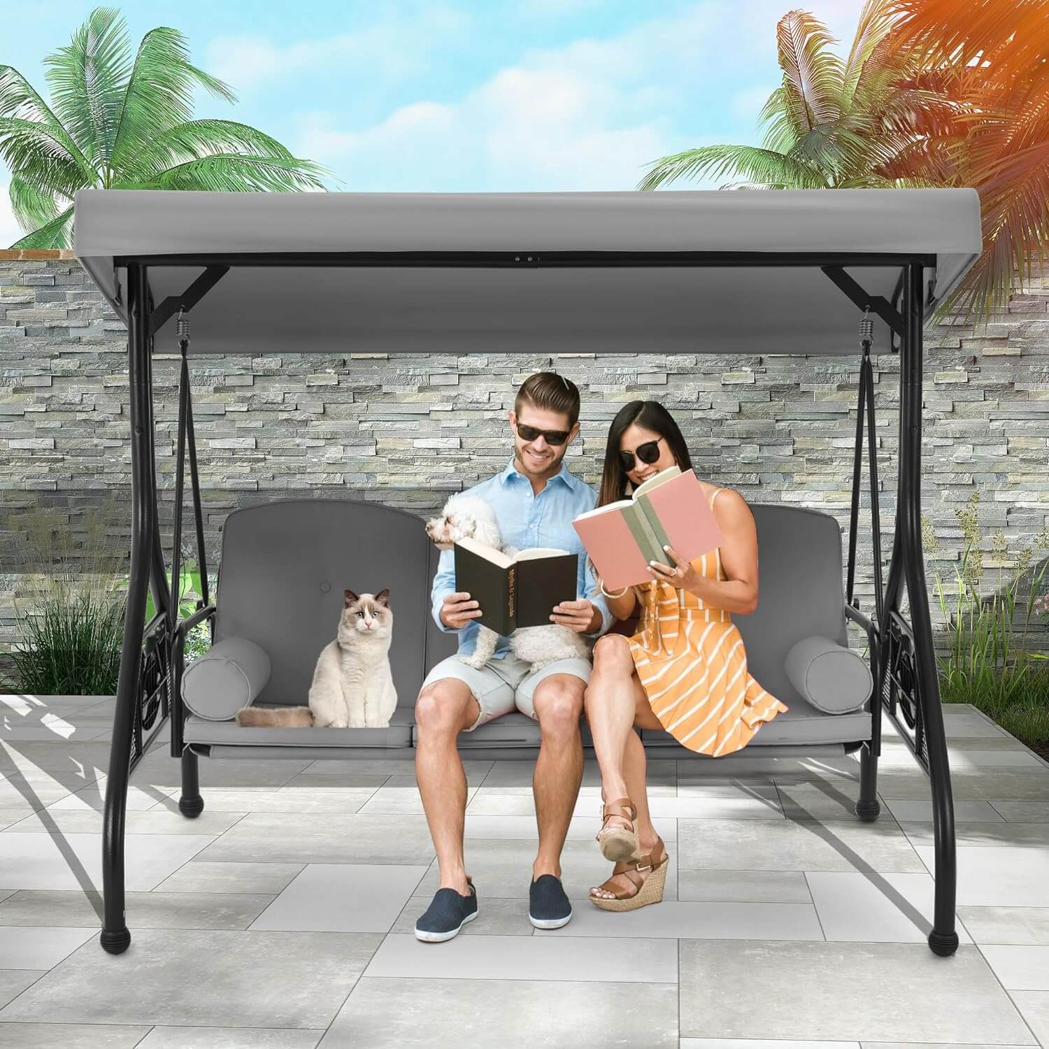 Homrest 3-Seat Outdoor Porch Swing with Adjustable Canopy and Backrest, Gray