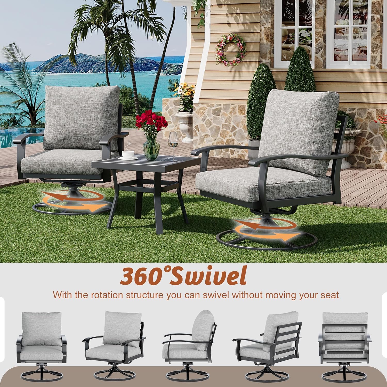 HOMREST Patio Furniture Sets 4 PCS Outdoor Metal Conversation Sets, Gray