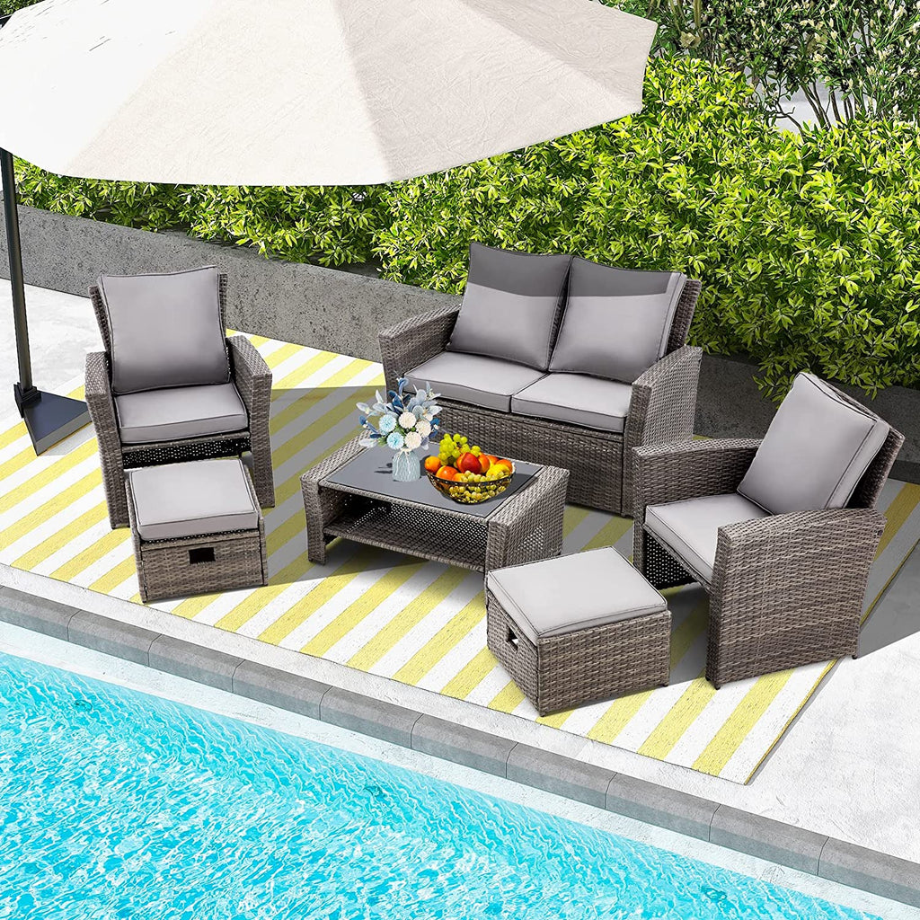 6 Pcs Patio Conversation Set with Ottoman and Storage Table for Garden, Porch, Backyard (Gray)