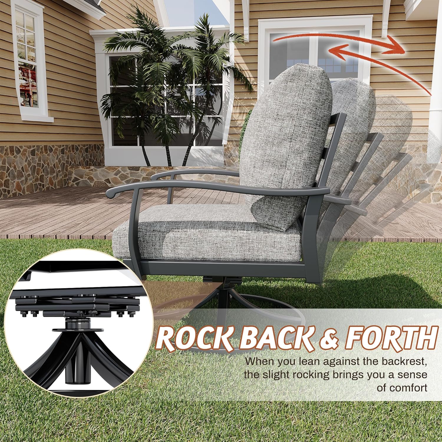 HOMREST 5 Pcs Outdoor Swivel Rocker Patio Chairs with Ottomans and Coffee Table, Gray