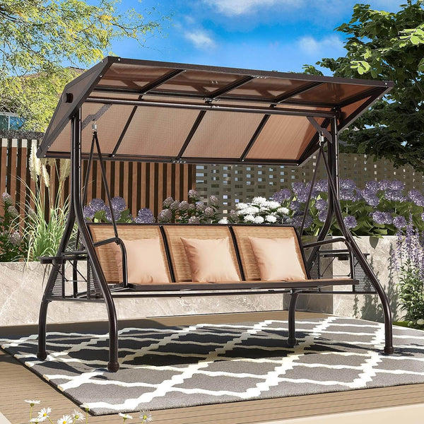 HOMREST 3-Person Outdoor Porch Swing with Adjustable Hardtop Backrest Brown