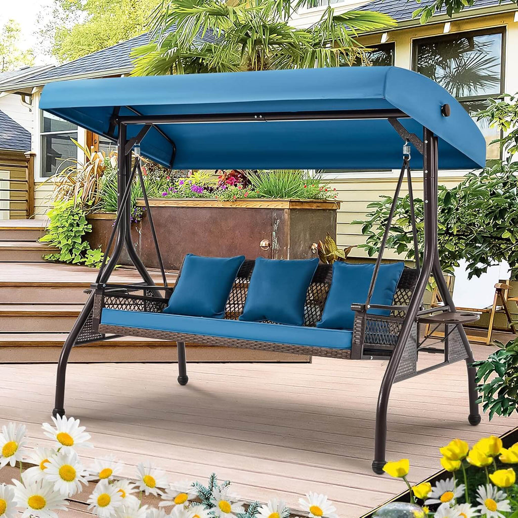 Homrest 3-Person Outdoor Wicker Porch Swing with Adjustable Canopy Backyard, Blue