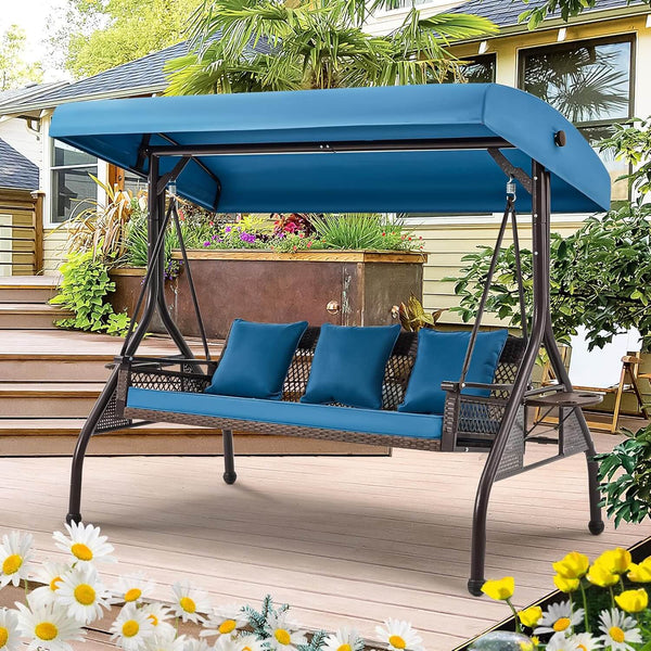 3-Person Outdoor Wicker Porch Swing with Adjustable Canopy Back Yard Blue