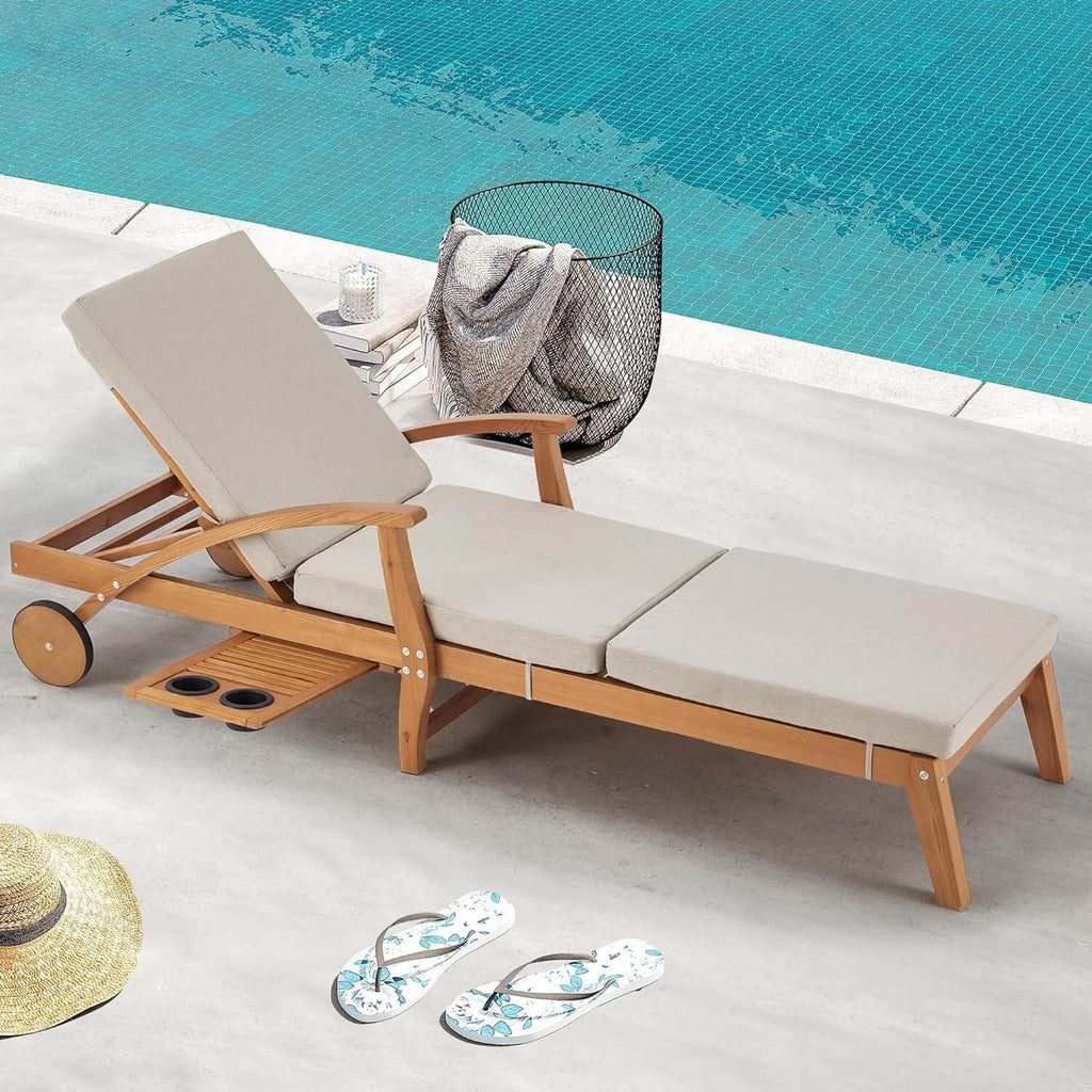 Outdoor Wood Chaise Lounge Chair with Breathable Cushions, Slide-Out Tray, Moving Wheels & Adjustable Backrest