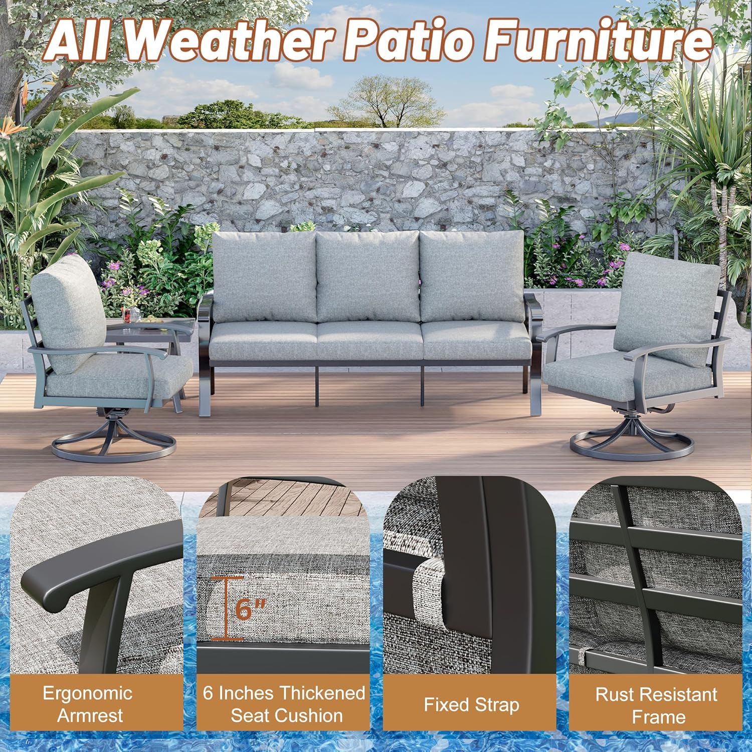 HOMREST Patio Furniture Sets 4 PCS Outdoor Metal Conversation Sets, Gray