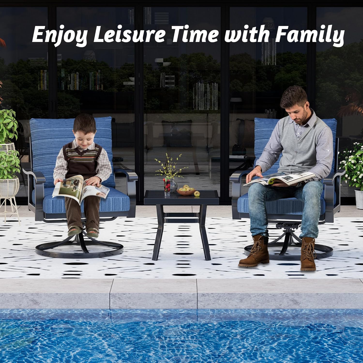 HOMREST Outdoor Swivel Rocker Patio Chairs with Coffee Table, 3 PCS Bistro Set, Blue