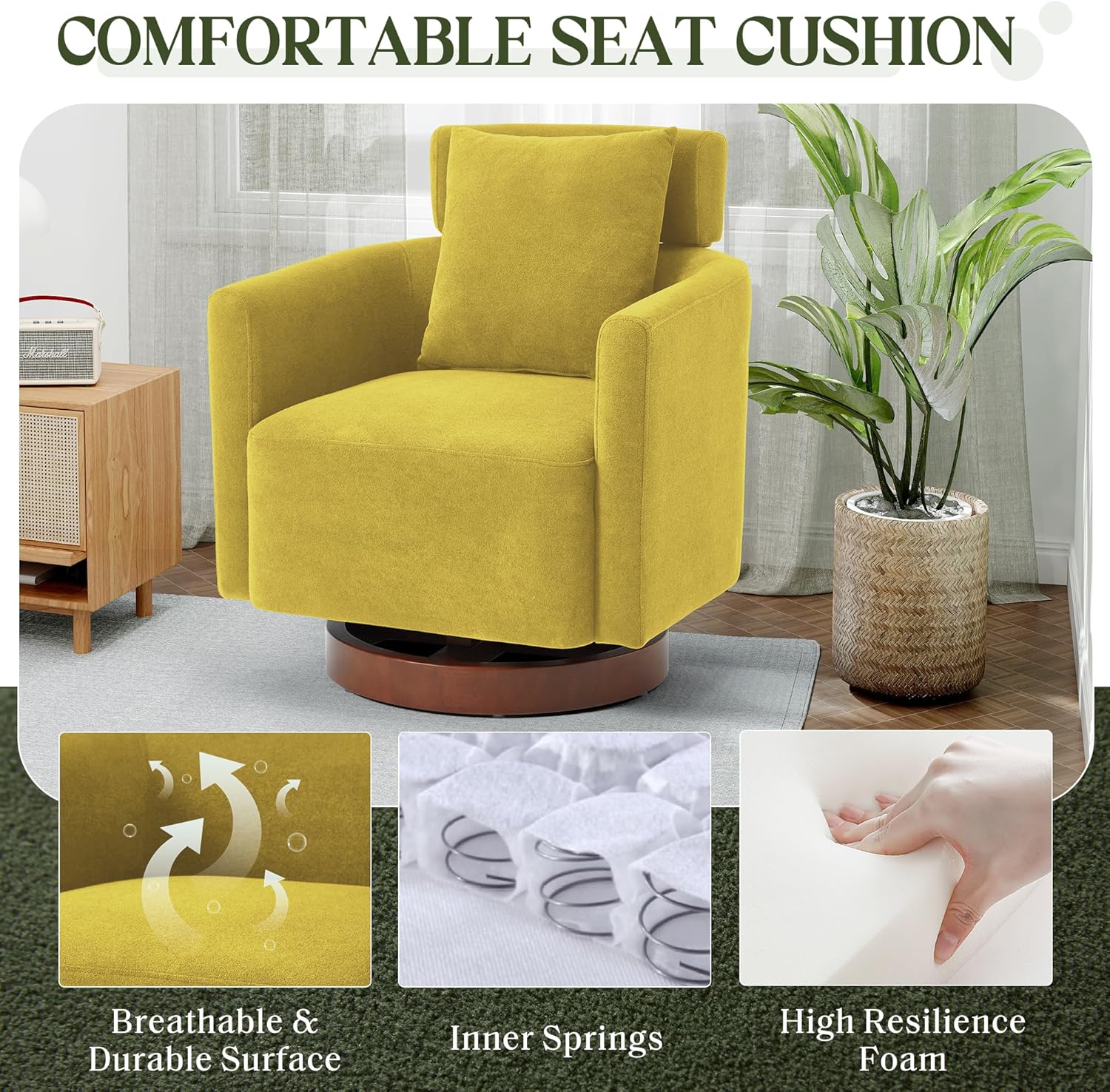 Homrest Swivel Accent Chair Armchair with Adjustment Headrest, 360° Rotation. Yellow