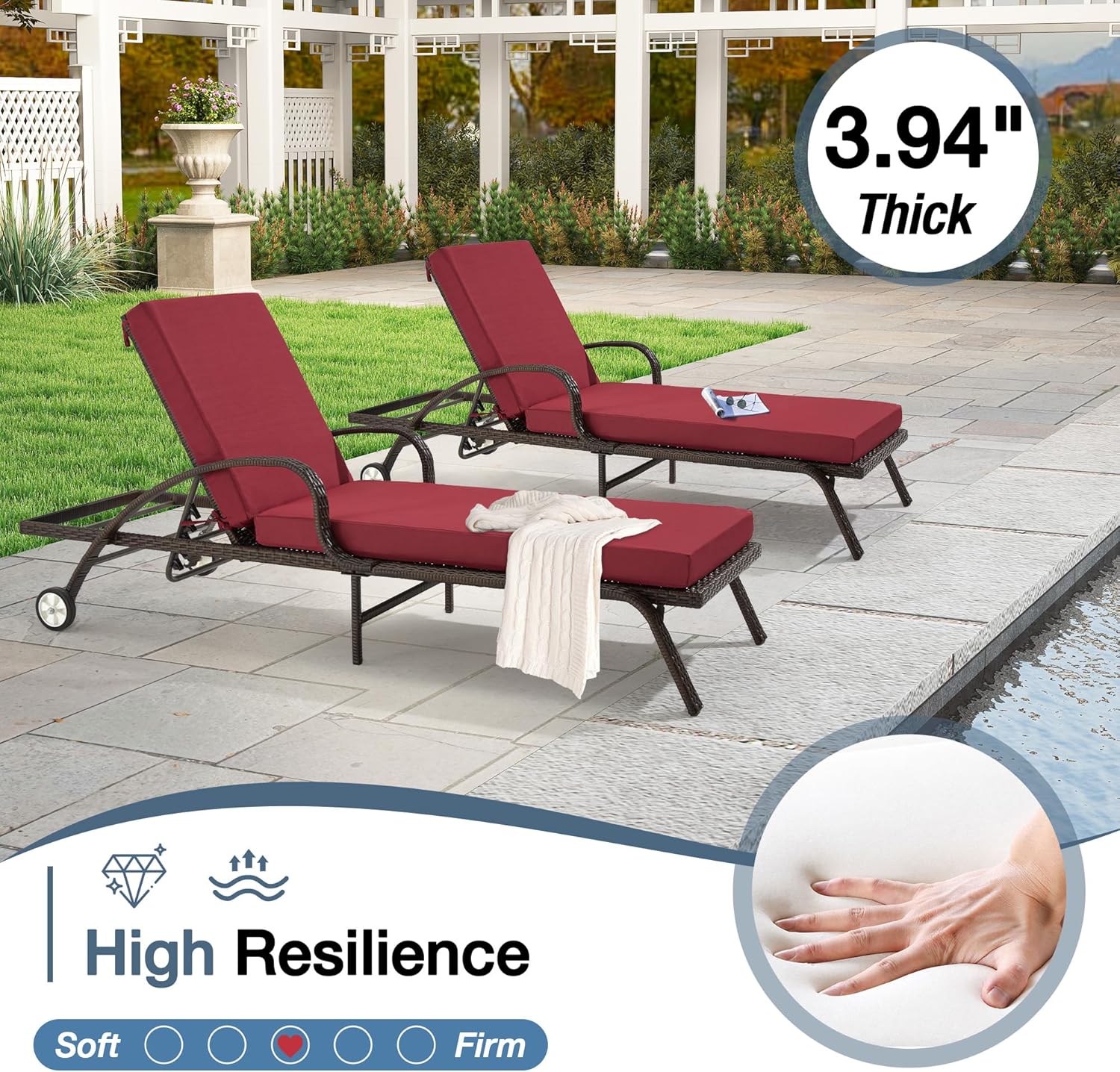 HOMREST Outdoor Lounge Chair Cushion Replacement, Burgundy