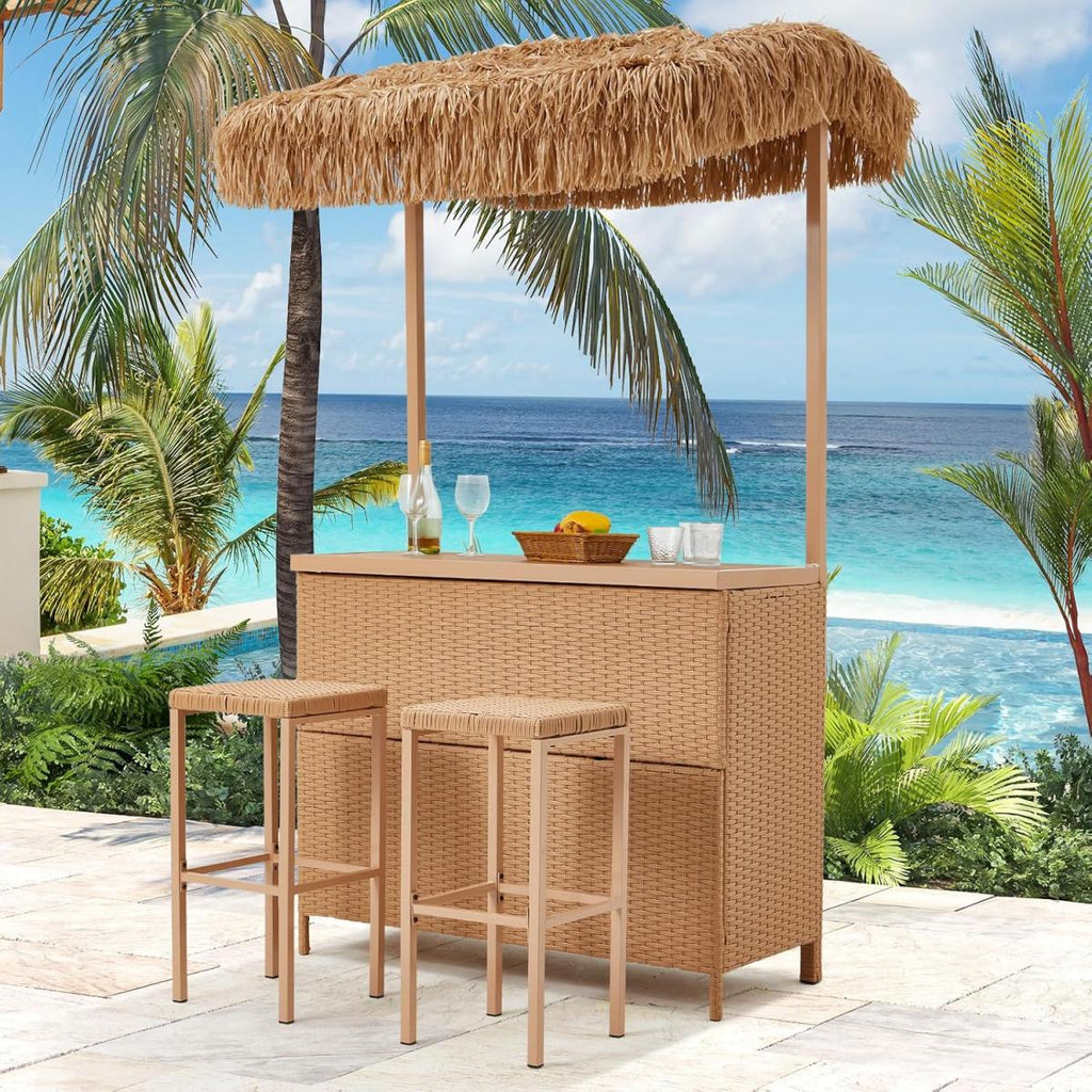 Homrest 3 Pcs Outdoor Tiki Bar Set w/2 Height Stools, Storage Shelf, Canopy, Beige