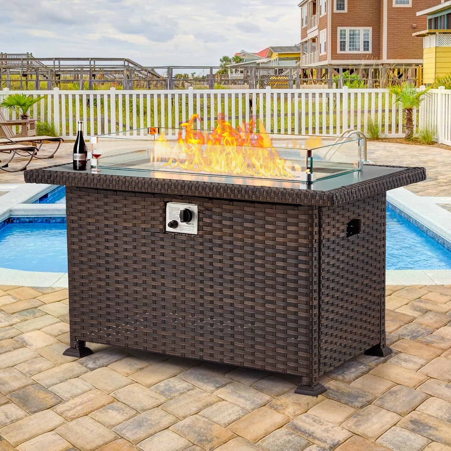 Homrest 44" Propane Gas Fire Pit Table 50000 BTU Auto-Ignition with Windguard, Brown