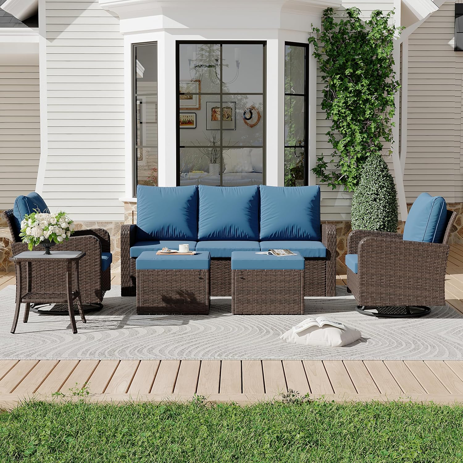 HOMREST 2 Piece Outdoor Patio Ottoman, Rattan Wicker Footstool with Cushion, Invisible Buckle, Multi-Functional Seat or Coffee Table, Navy
