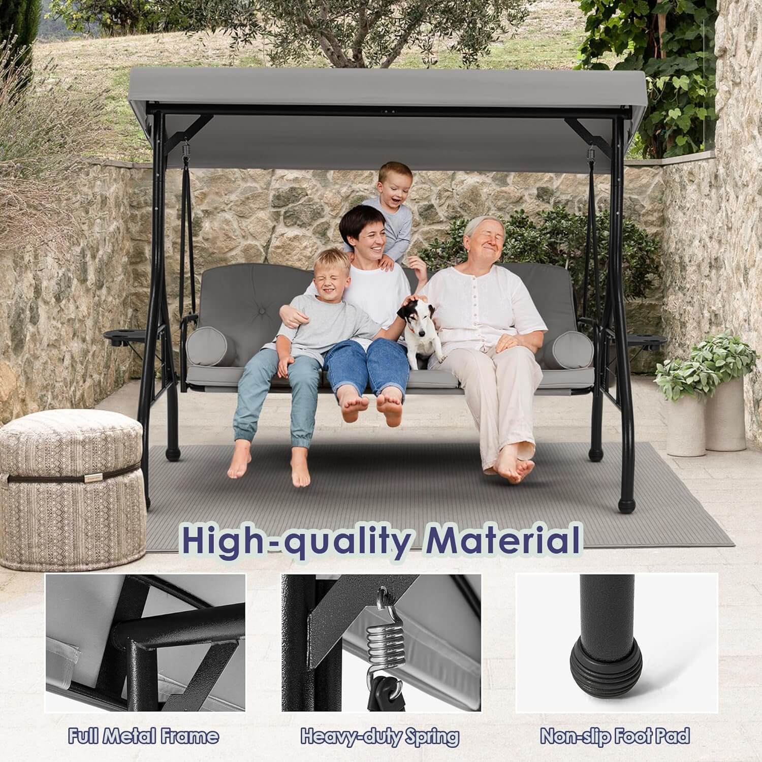 Homrest 3-Seat Outdoor Porch Swing with Adjustable Canopy and Backrest, Gray