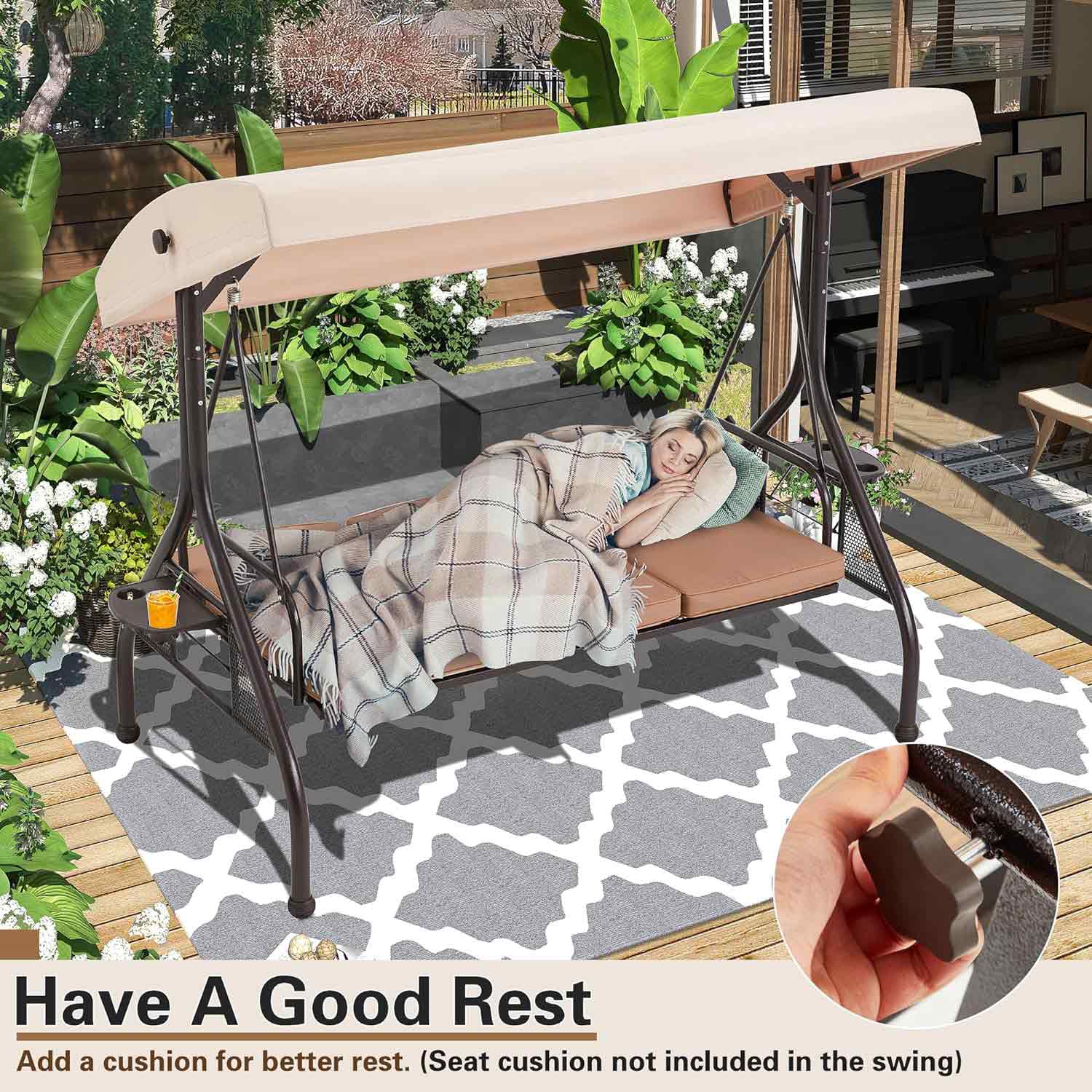 Homrest Outdoor Porch Swing with Adjustable Canopy and Backrest, Khaki
