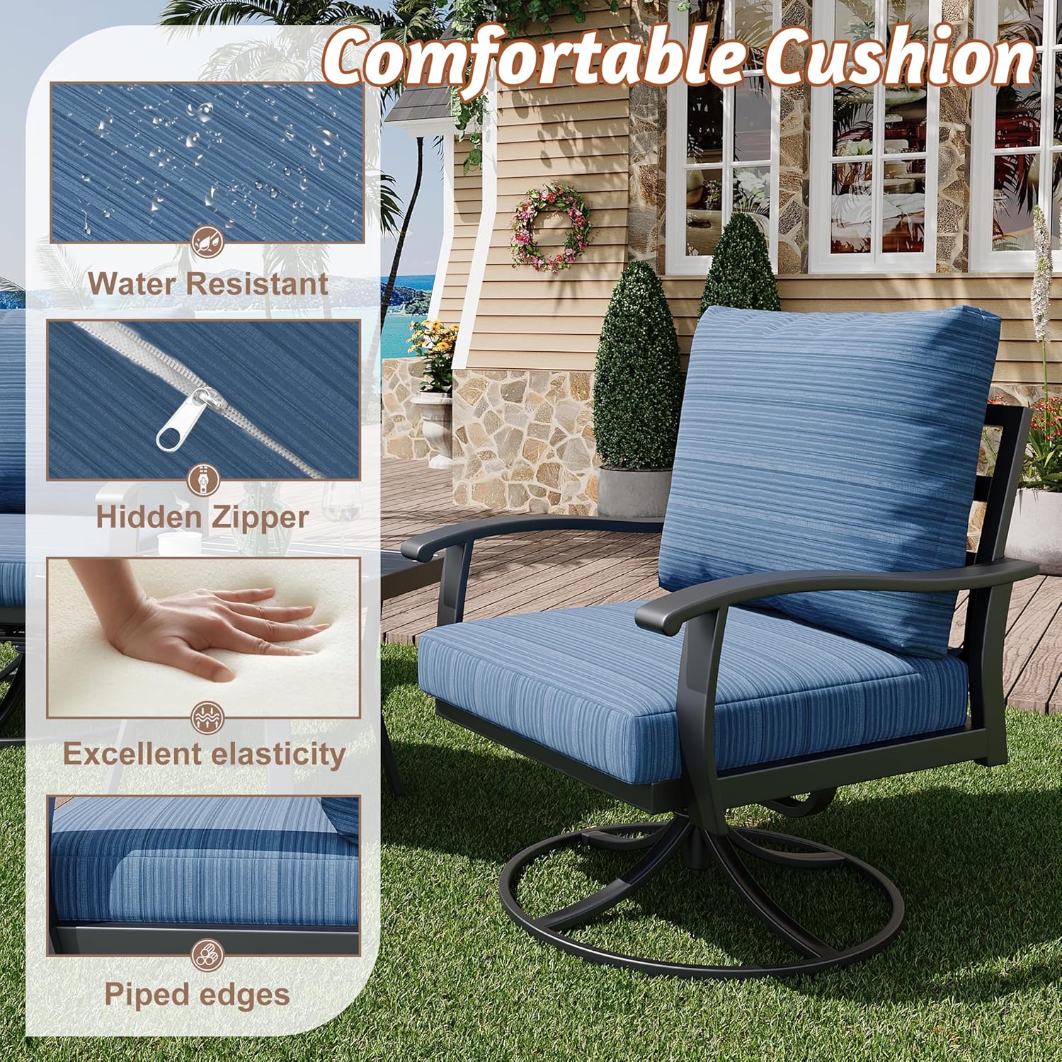 HOMREST Outdoor Swivel Rocker Patio Chairs with Coffee Table, 3 PCS Bistro Set, Blue