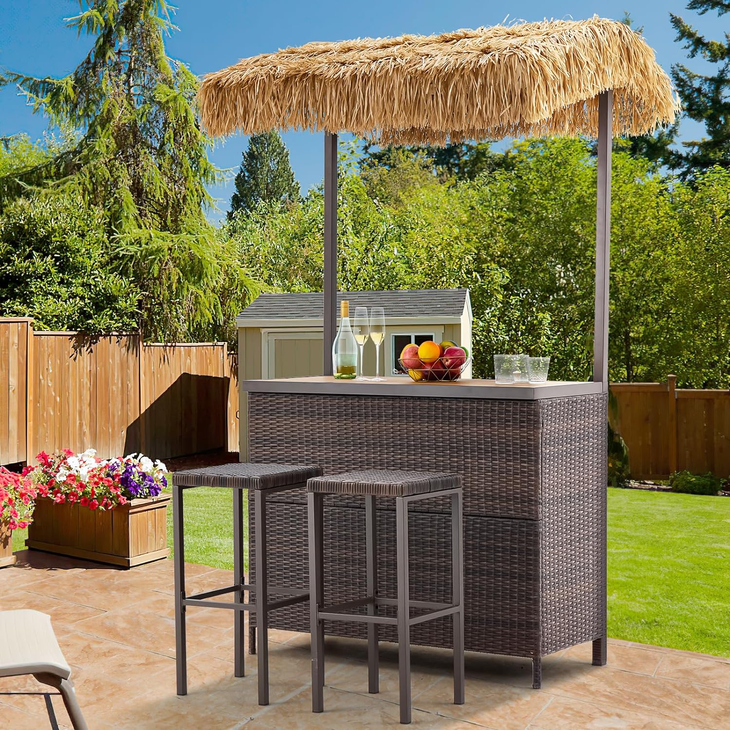 Homrest 3 pcs outdoor tiki bar set with 2 height stools, storage shelf and canopy, brown