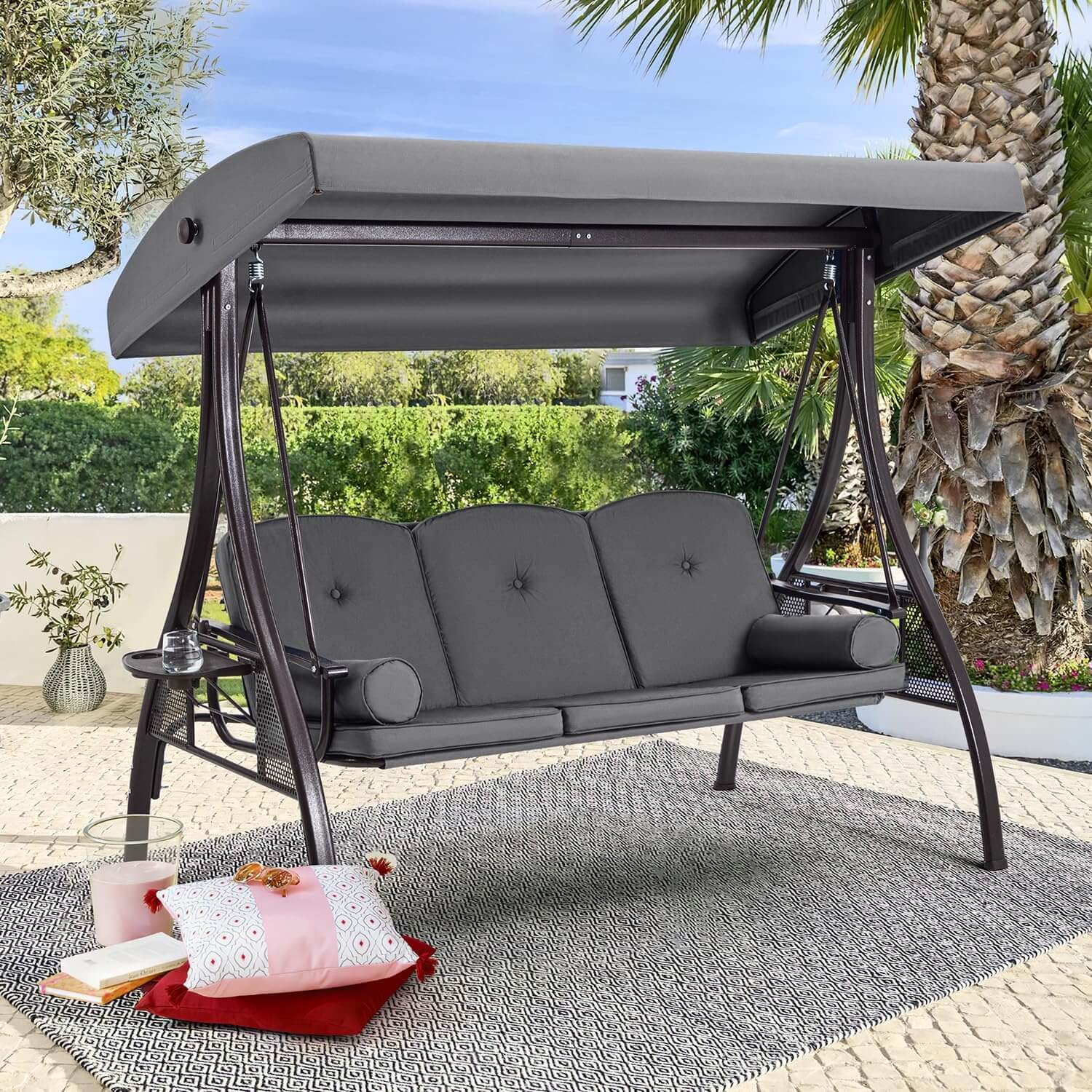 Homrest 3-Seat Outdoor Porch Swing with Adjustable Canopy and Backrest, Gray