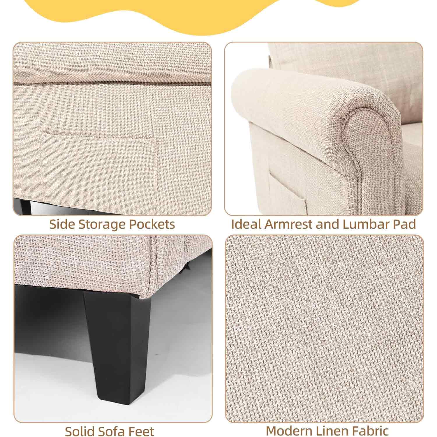 Side storage pockets, ideal armrest and lumbar pad, solid sofa feet and modern linen fabric.