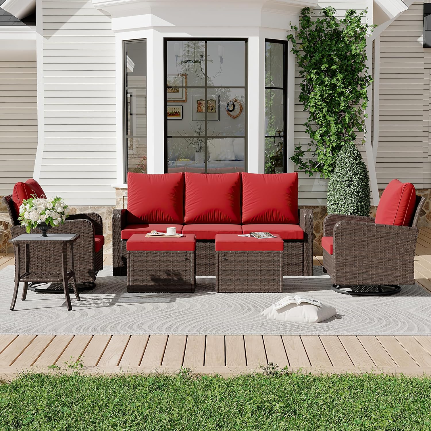 HOMREST 2 Piece Outdoor Patio Ottoman, Rattan Wicker Footstool with Cushion, Invisible Buckle, Multi-Functional Seat or Coffee Table, Wine Red