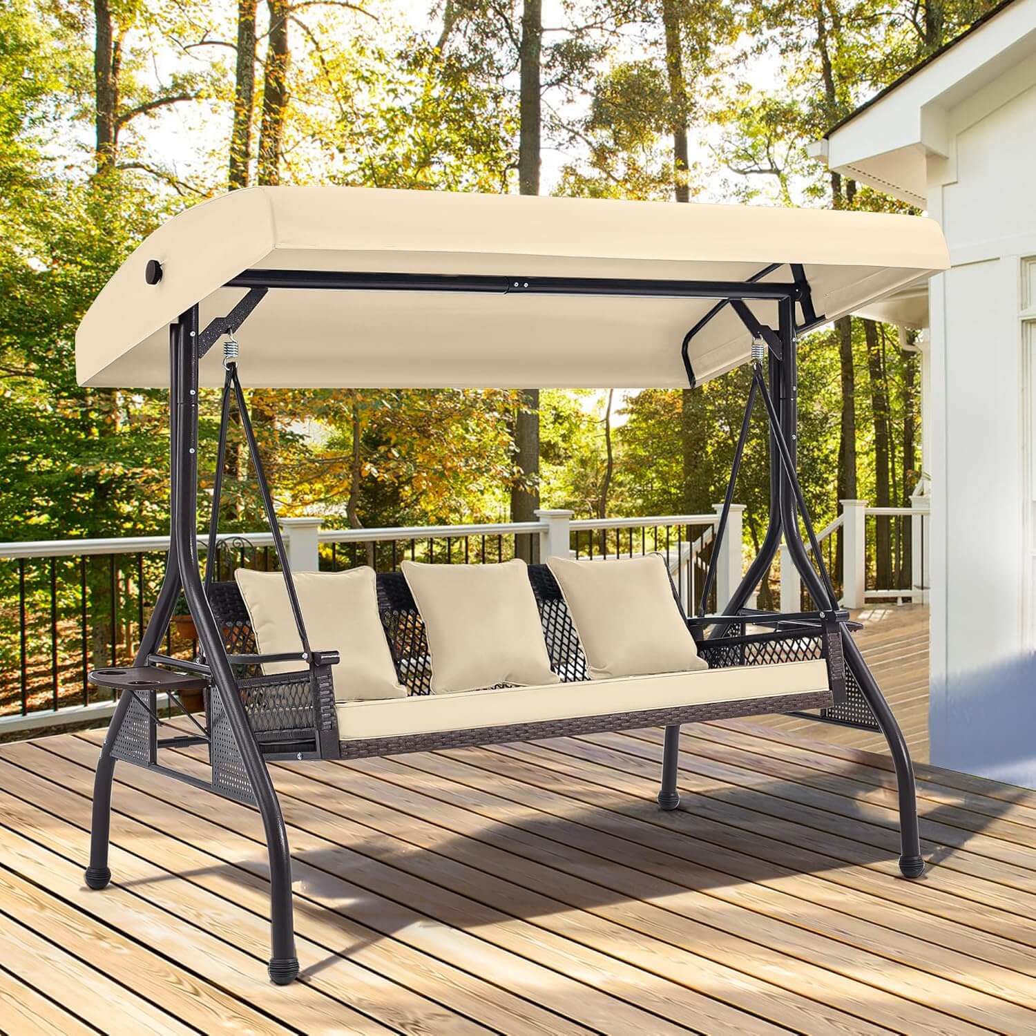 Homrest 3-Person Outdoor Wicker Porch Swing with Adjustable Canopy Backyard, Khaki
